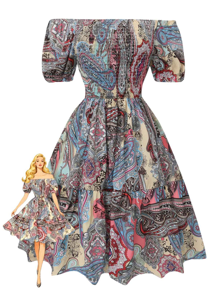 Multicolor 1970s Boho Paisley Print Smocked Puff Dress - vintage dress, retro fashion