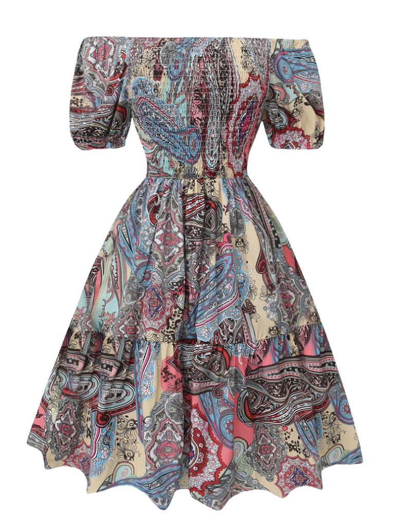 Multicolor 1970s Boho Paisley Print Smocked Puff Dress - vintage dress, retro fashion