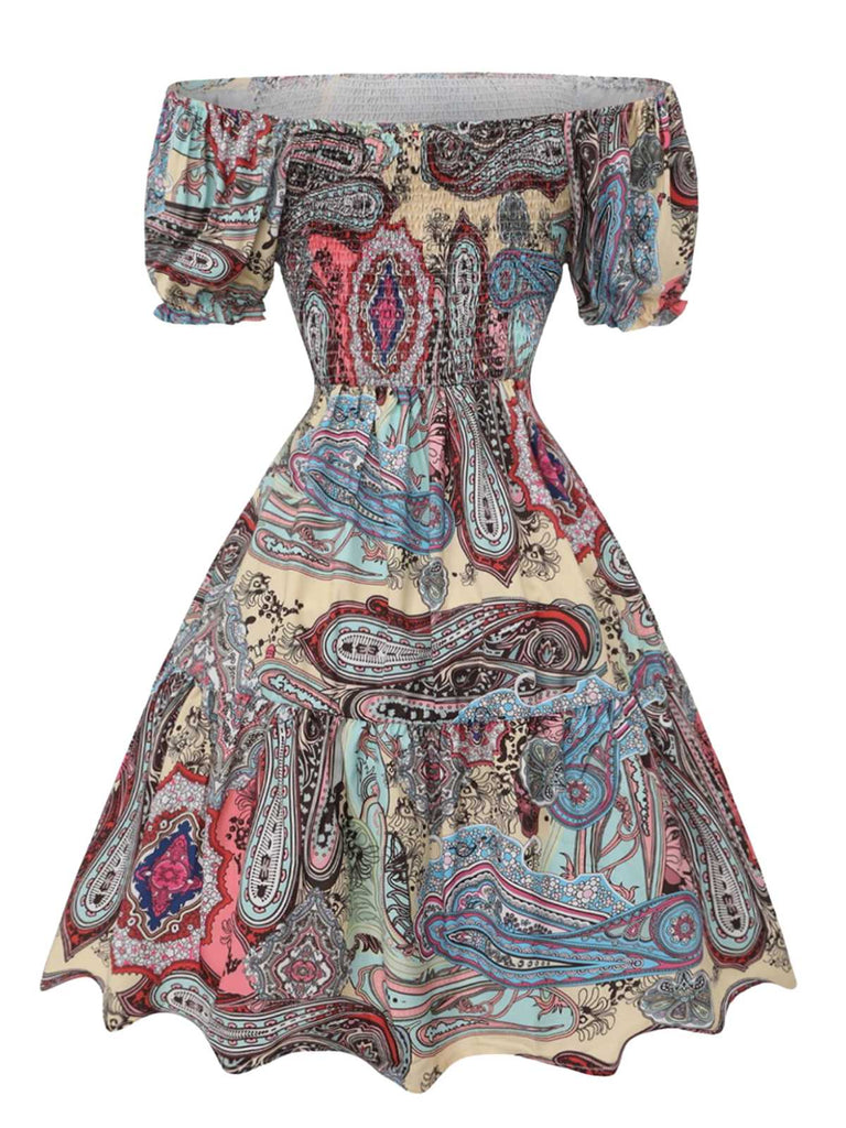 Multicolor 1970s Boho Paisley Print Smocked Puff Dress - vintage dress, retro fashion