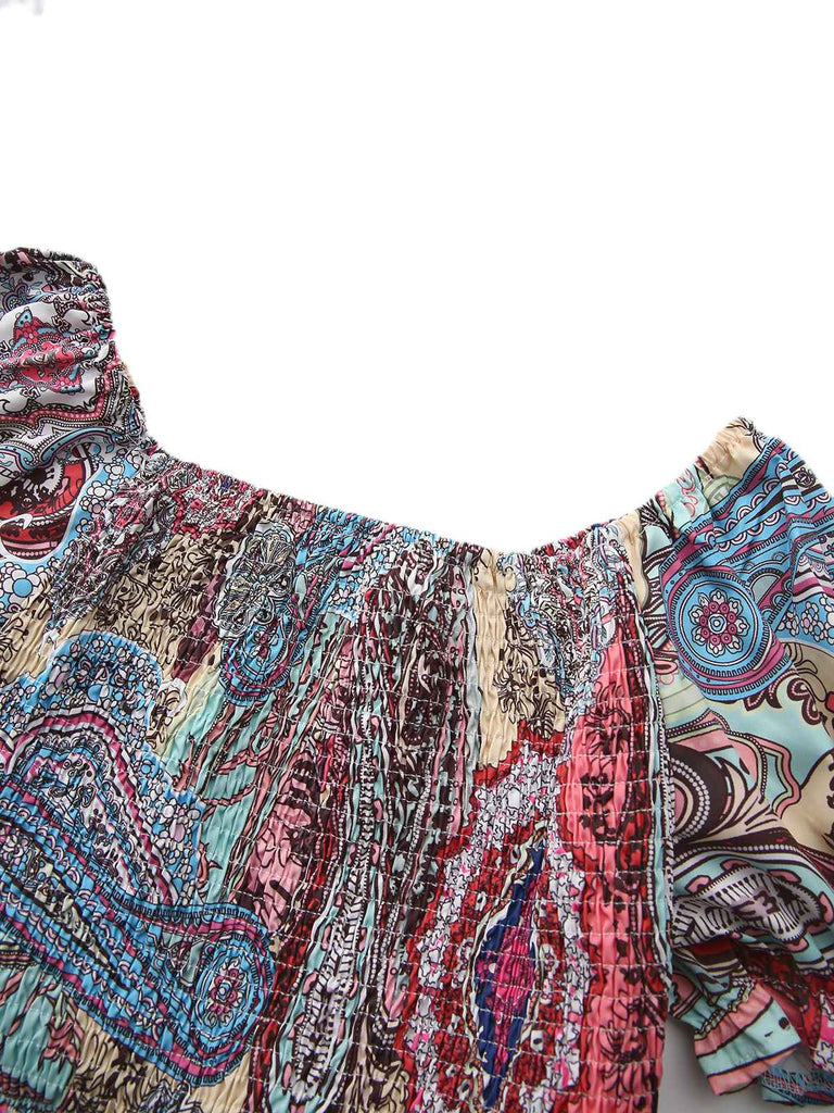 Multicolor 1970s Boho Paisley Print Smocked Puff Dress - vintage dress, retro fashion