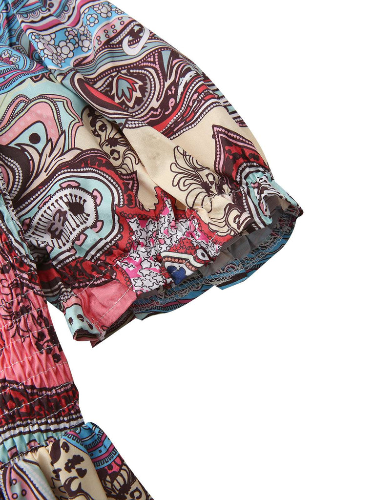 Multicolor 1970s Boho Paisley Print Smocked Puff Dress - vintage dress, retro fashion