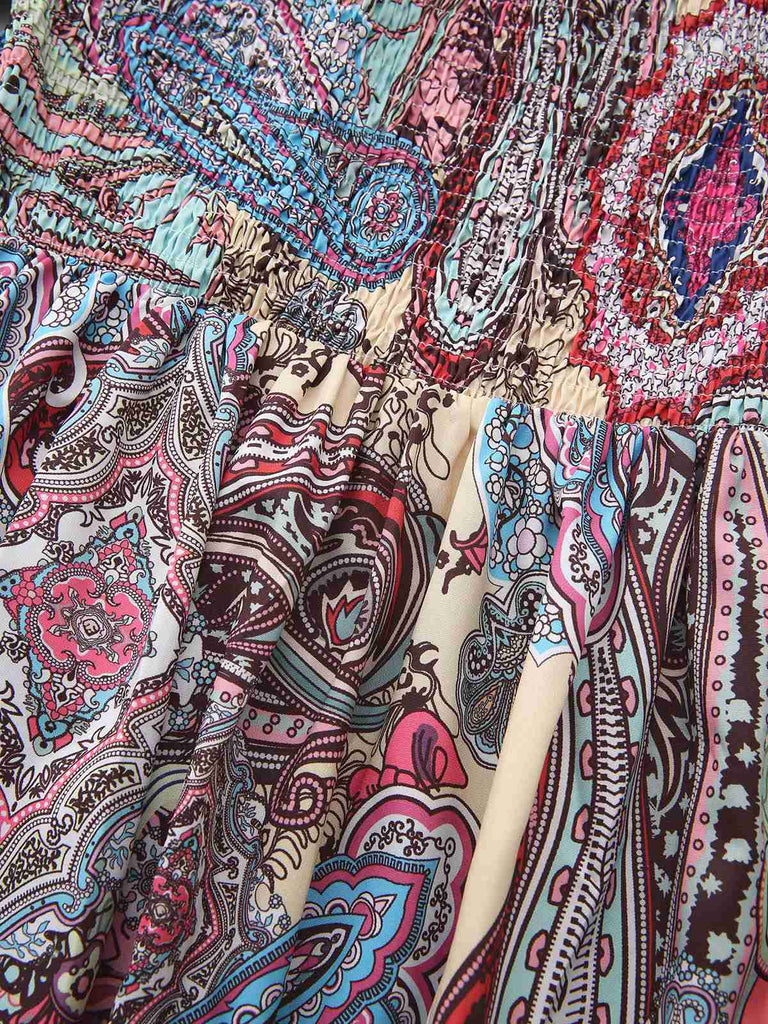 Multicolor 1970s Boho Paisley Print Smocked Puff Dress - vintage dress, retro fashion