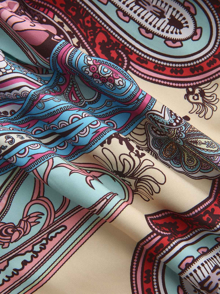 Multicolor 1970s Boho Paisley Print Smocked Puff Dress - vintage dress, retro fashion