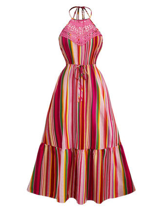 Multicolor 1970s Halter Rainbow Stripes Patchwork Dress - vintage dress, retro fashion
