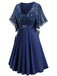 Navy Blue 1970s Star Print Ruffle Flounce Sleeve Dress - vintage dress, retro fashion