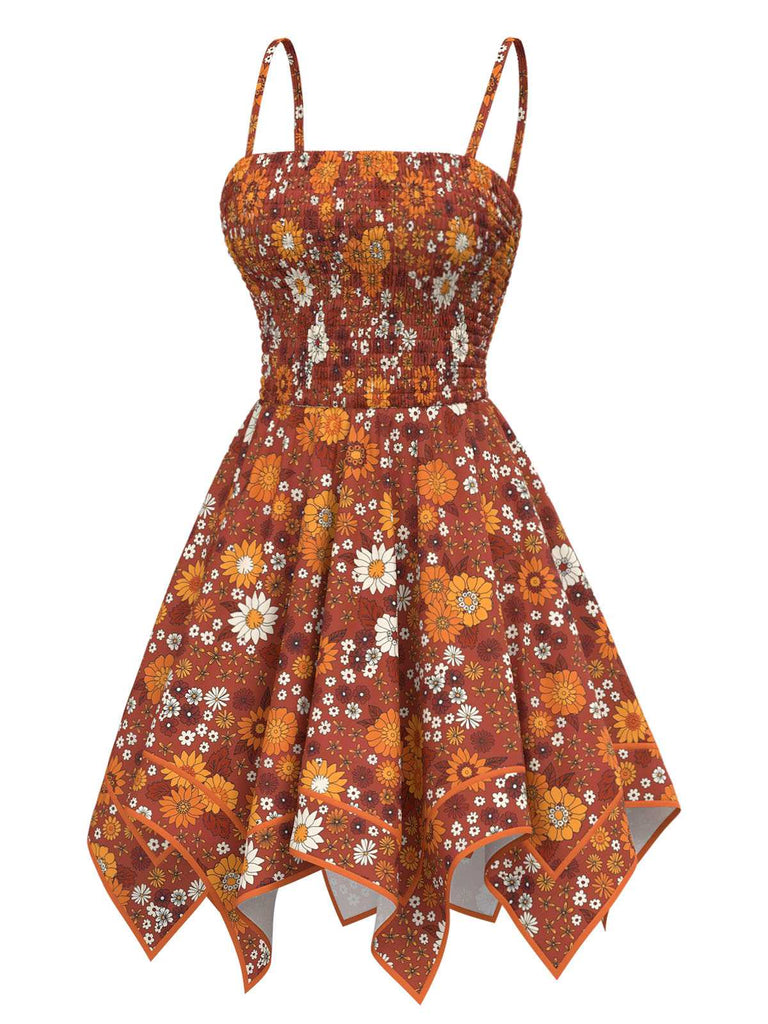 Orange 1970s Hippie Floral Irregular Hem Strap Dress - vintage dress, retro fashion