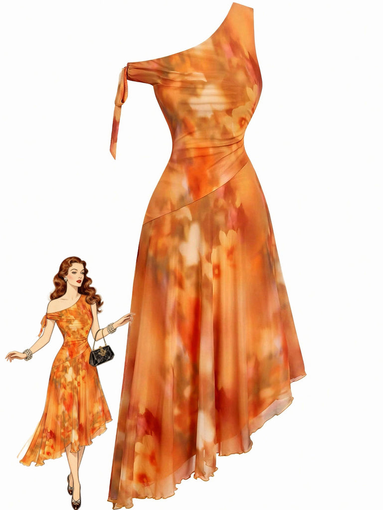 Orange 1970s One-Shoulder Mesh Asymmetrical Hem Dress - vintage dress, retro fashion