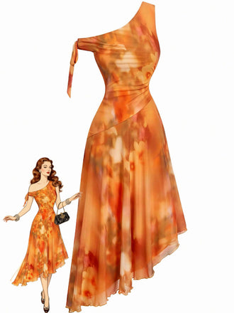 Orange 1970s One-Shoulder Mesh Asymmetrical Hem Dress - vintage dress, retro fashion