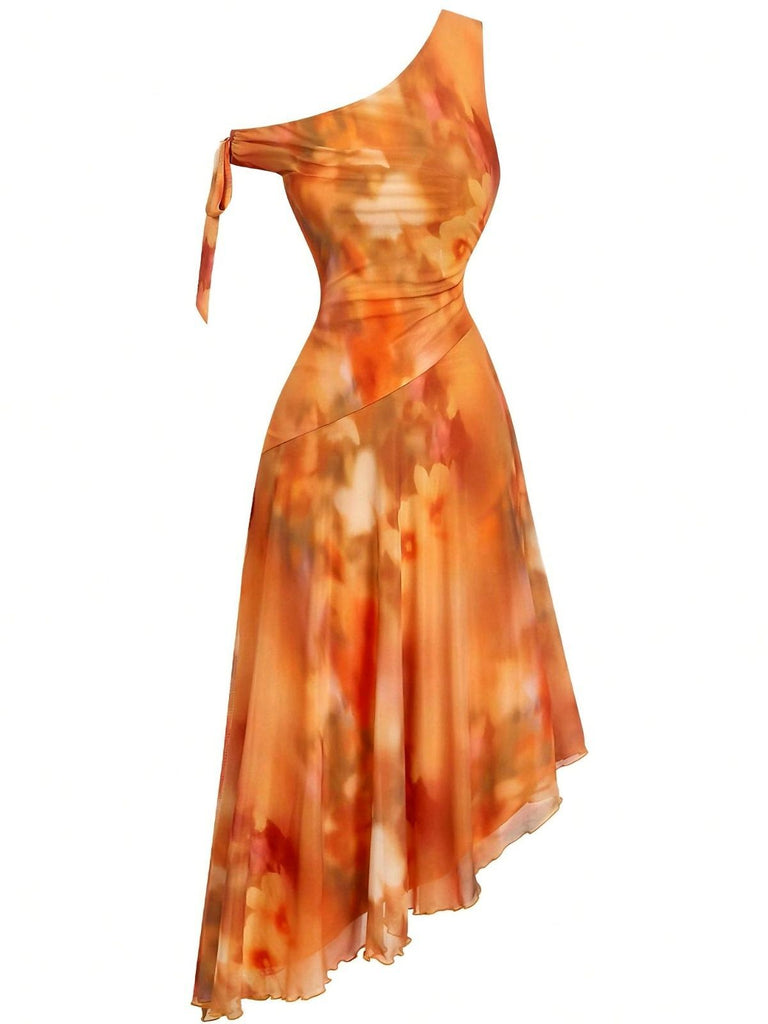 Orange 1970s One-Shoulder Mesh Asymmetrical Hem Dress - vintage dress, retro fashion