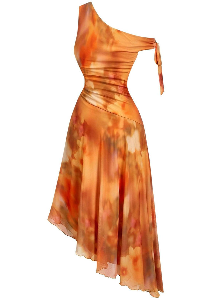 Orange 1970s One-Shoulder Mesh Asymmetrical Hem Dress - vintage dress, retro fashion