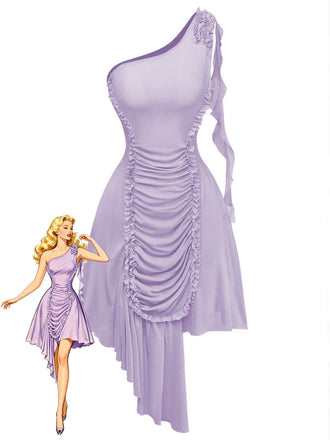 Purple 1970s Mesh One-Shoulder Ruffled Asymmetrical Dress - vintage dress, retro fashion
