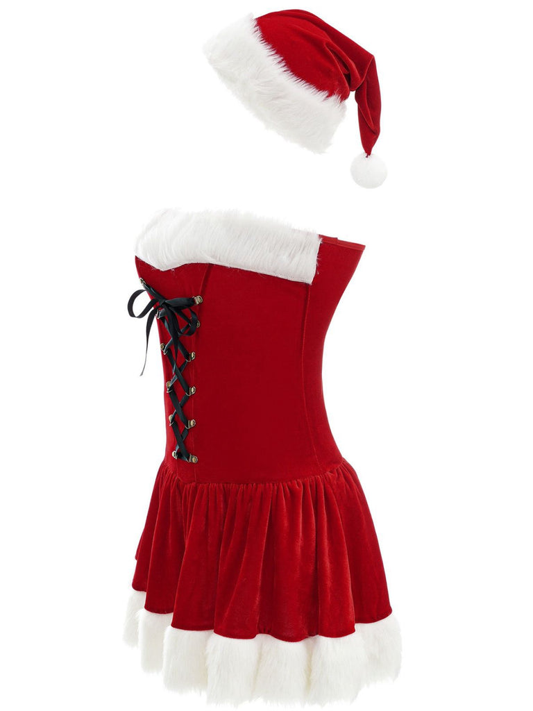 Red 1970s Christmas Plush Lace-Up Strapless Santa Dress - vintage dress, retro fashion, elegant red