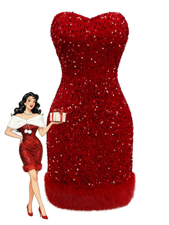 Red 1970s Velvet Sequin Faux Fur Trim Strapless Dress - vintage dress, retro fashion, elegant red