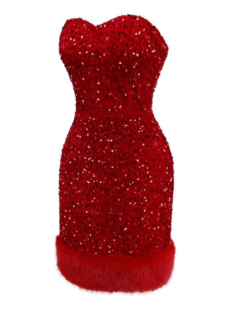 Red 1970s Velvet Sequin Faux Fur Trim Strapless Dress - vintage dress, retro fashion, elegant red