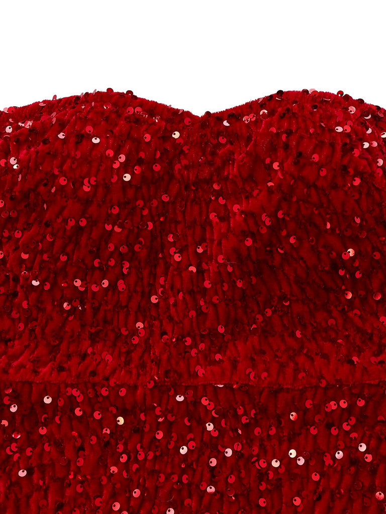Red 1970s Velvet Sequin Faux Fur Trim Strapless Dress - vintage dress, retro fashion, elegant red