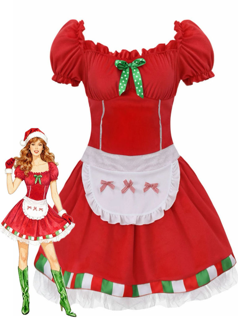 1970s Square Neck Christmas Bow Dress With Petticoat - vintage dress, retro fashion