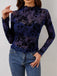 1970s Flocked Floral Mesh Half Turtleneck Slim Top - vintage fashion, retro style