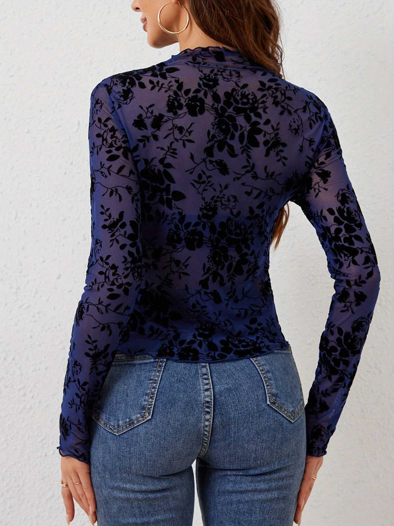 1970s Flocked Floral Mesh Half Turtleneck Slim Top - vintage fashion, retro style