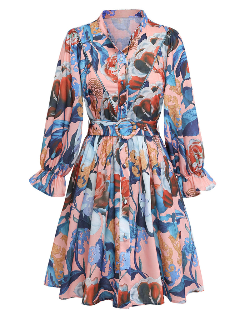 1970s Floral Lantern Sleeve Shirt Collar Belted Dress - vintage dress, retro fashion, floral print for vintage lovers