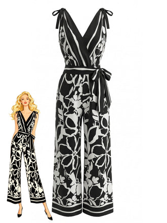 1970s Floral V-Neck Sleeveless Wide Leg Jumpsuit