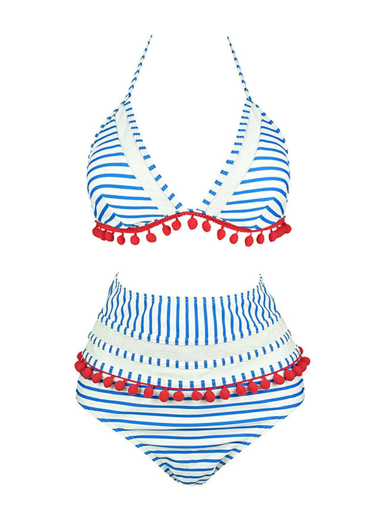 1970s Fur Ball Pendant Tassel Striped Swimsuit, vintage swimsuit, pin-up swimwear - perfect for women who love vintage and retro fashion