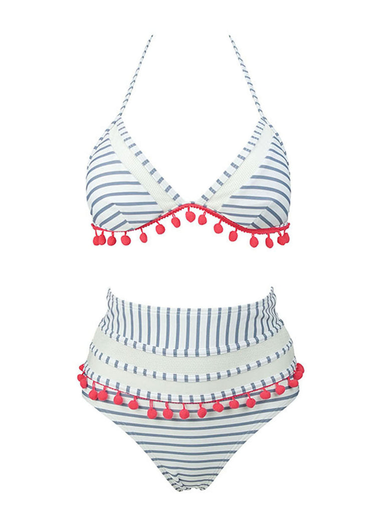 1970s Fur Ball Pendant Tassel Striped Swimsuit, vintage swimsuit, pin-up swimwear - perfect for women who love vintage and retro fashion