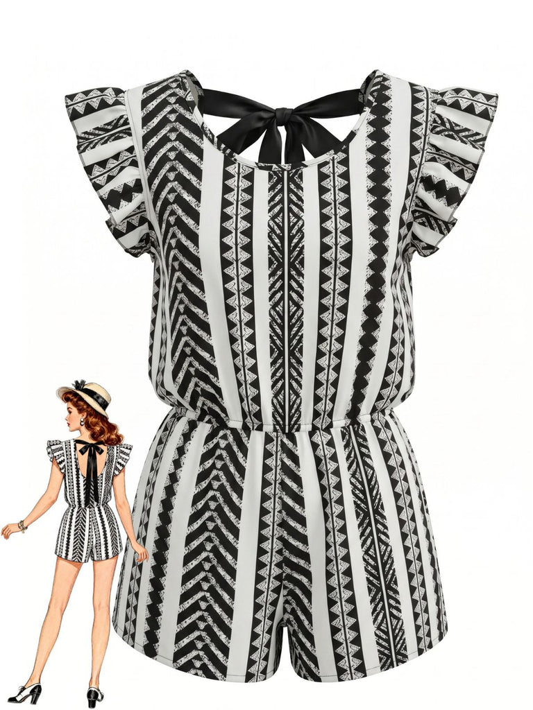 Red 1940s Print Striped Ruffle Romper