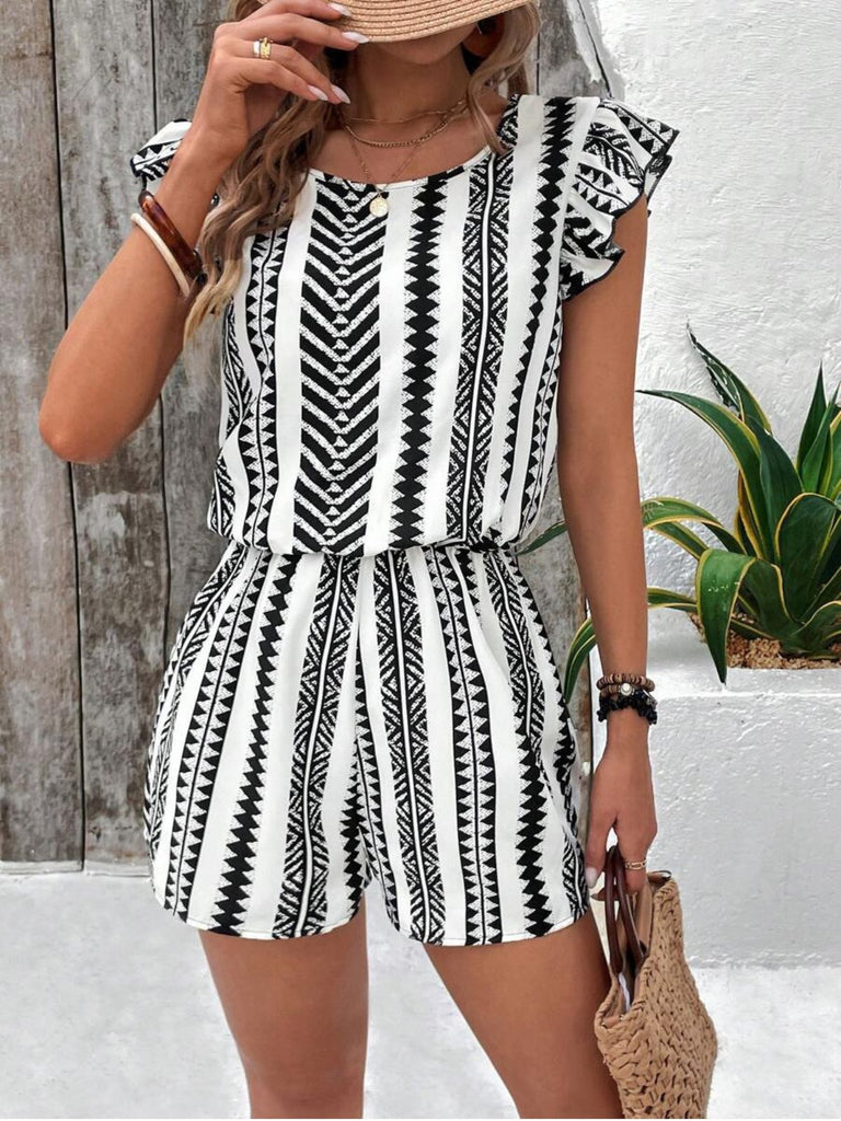 Red 1940s Print Striped Ruffle Romper 2