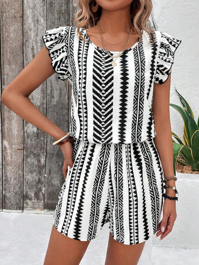 Red 1940s Print Striped Ruffle Romper 5