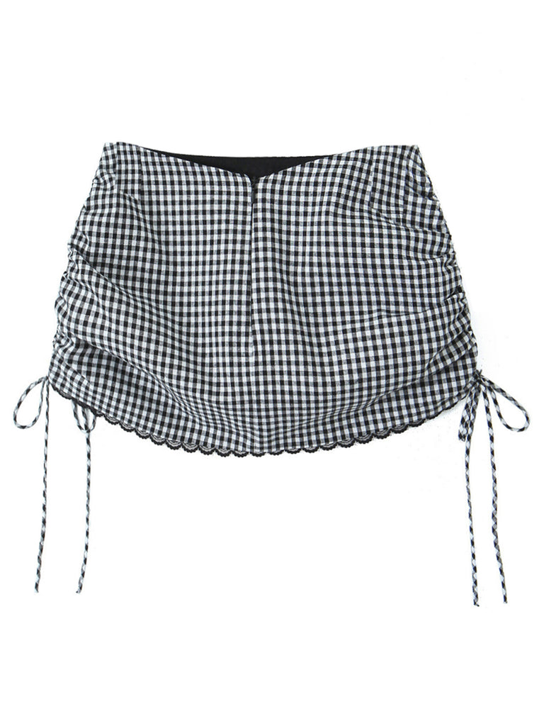 2PCS 1950s Gingham Plaid  Lace-Up Crop Camisole & Skirt - vintage skirt, retro style for vintage lovers