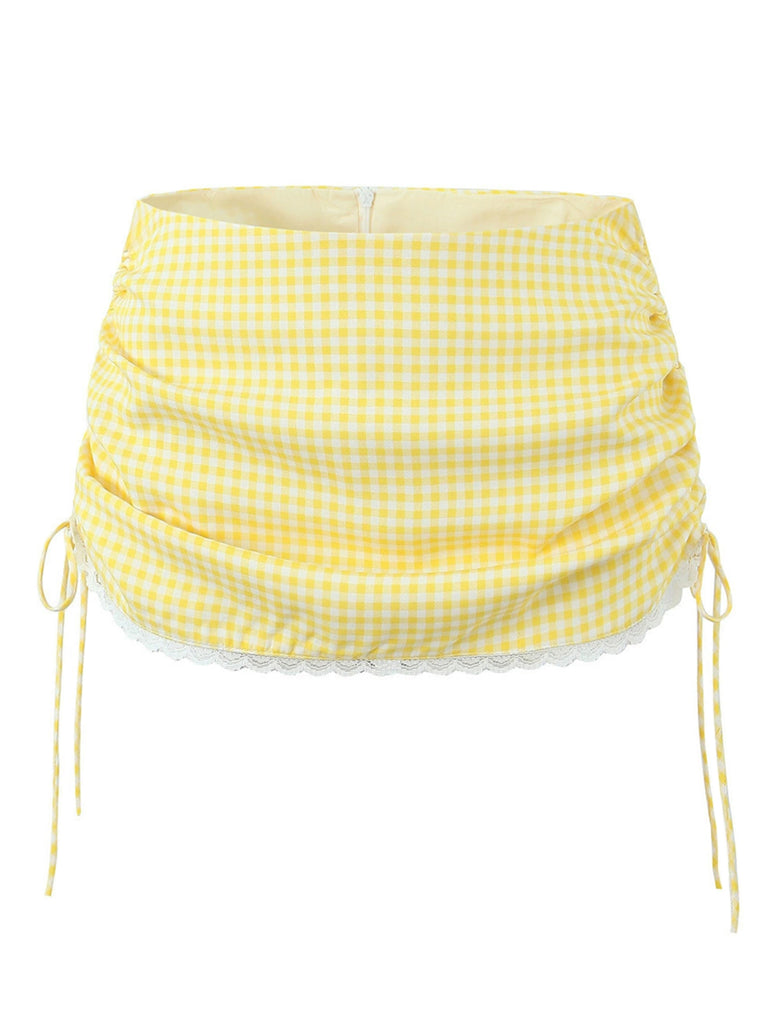 1970s Gingham Plaid Lace Bow Skirt - vintage skirt, retro style for vintage lovers