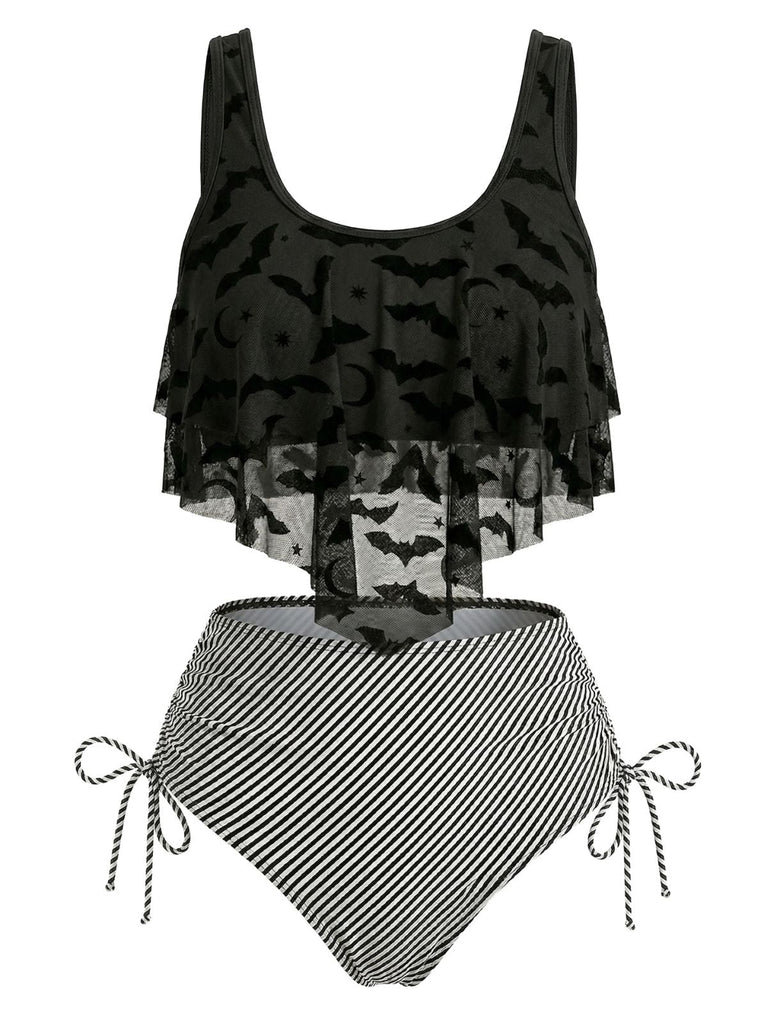 1970s Gothic Mesh Striped Bat Print Tankini Set - vintage fashion, retro style