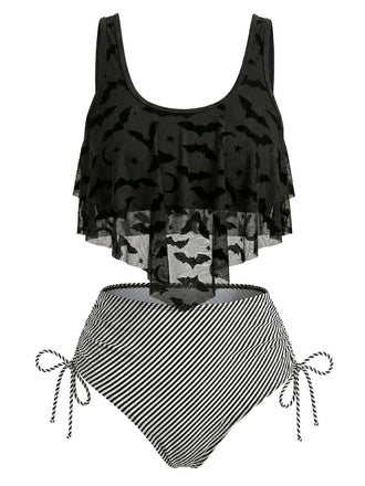 1970s Gothic Mesh Striped Bat Print Tankini Set - vintage fashion, retro style