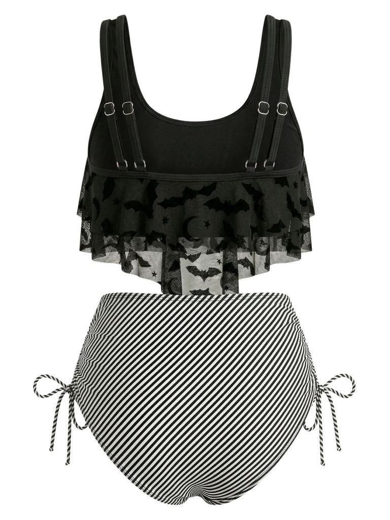 1970s Gothic Mesh Striped Bat Print Tankini Set - vintage fashion, retro style