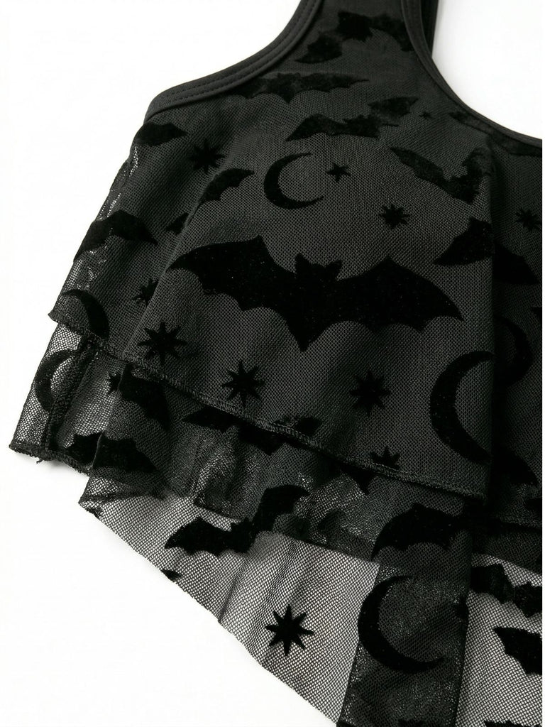 1970s Gothic Mesh Striped Bat Print Tankini Set - vintage fashion, retro style