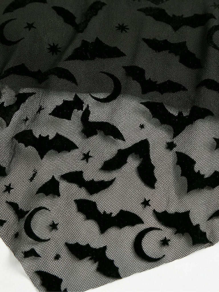 1970s Gothic Mesh Striped Bat Print Tankini Set - vintage fashion, retro style