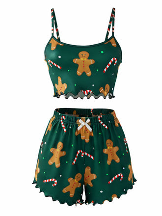 Green 1970s Gingerbread Cookie Candy Satin Pajama Set - vintage fashion, retro style