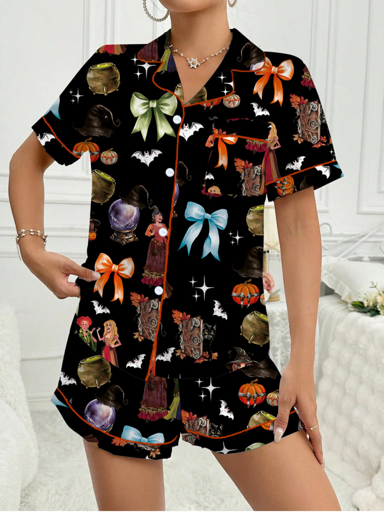 1970s Halloween Witch Print Satin Pajama Set - vintage fashion, retro style