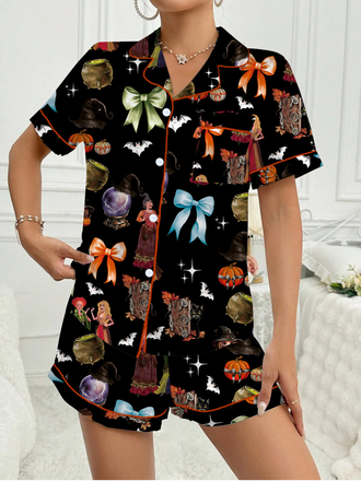 1970s Halloween Witch Print Satin Pajama Set - vintage fashion, retro style