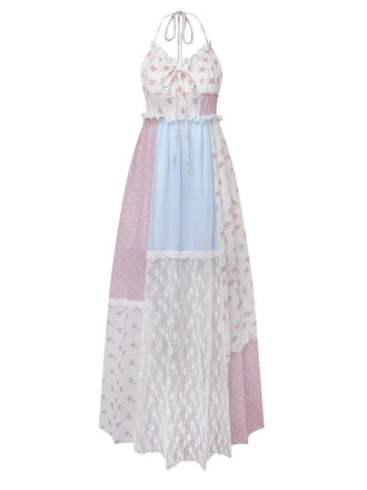 1970s Halter Boho Floral Lace Maxi Dress - vintage dress, retro fashion