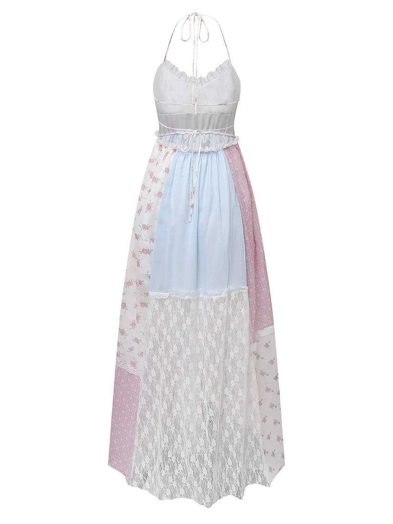 1970s Halter Boho Floral Lace Maxi Dress - vintage dress, retro fashion