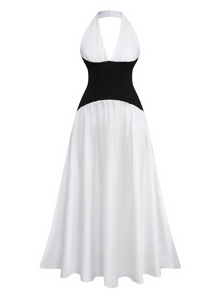 1970s Halter Deep V-Neck Colorblock Maxi Dress - vintage dress, retro fashion