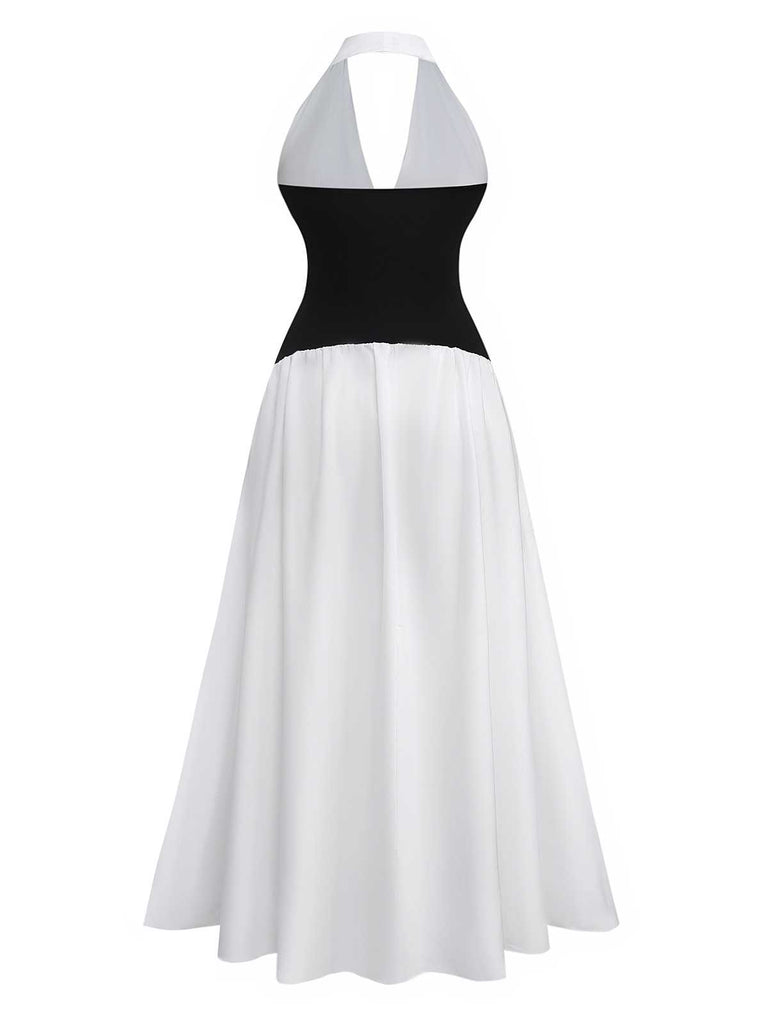 1970s Halter Deep V-Neck Colorblock Maxi Dress - vintage dress, retro fashion