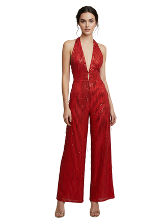 1970s Halter Deep V-Neck Sequin Fringe Jumpsuit - vintage jumpsuit, retro fashion