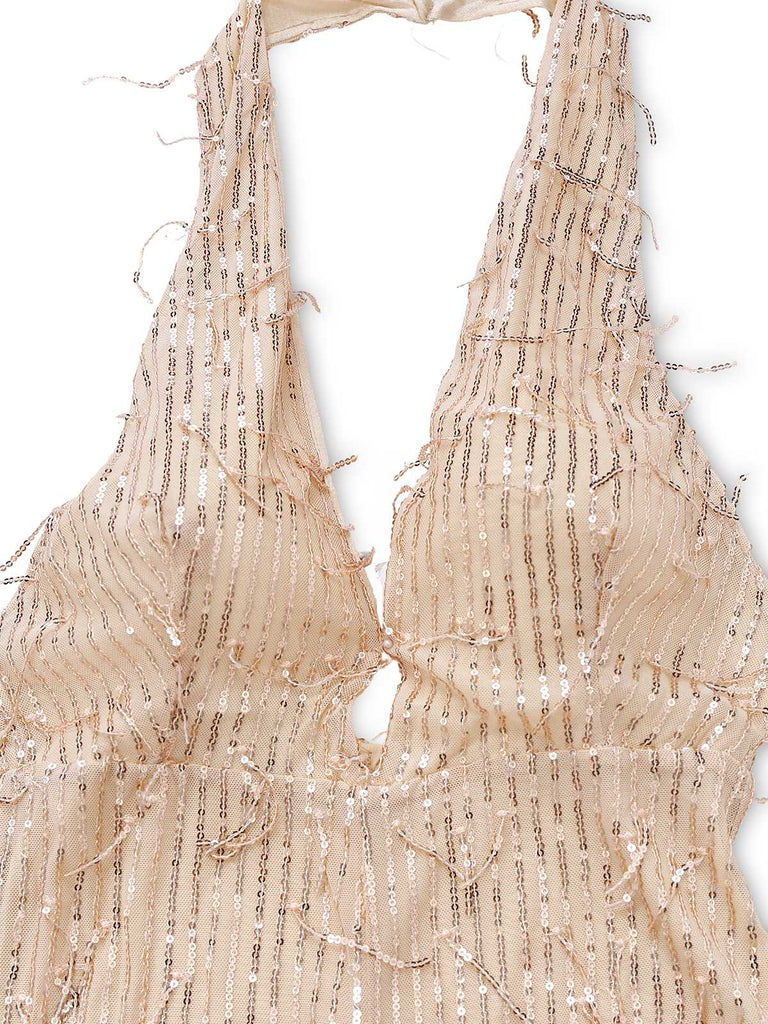 1970s Halter Deep V-Neck Sequin Fringe Jumpsuit - vintage jumpsuit, retro fashion