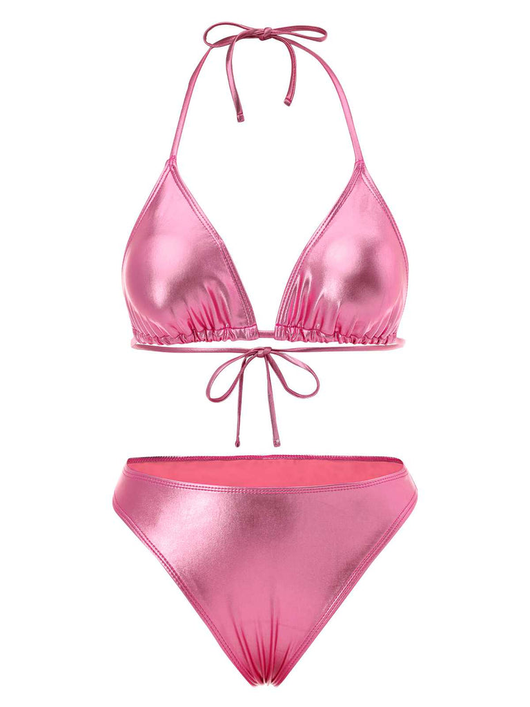 1970s Halter Metallic Bikini & Ruched Cover-Up: 1970s Riviera elegance, reimagined for her
