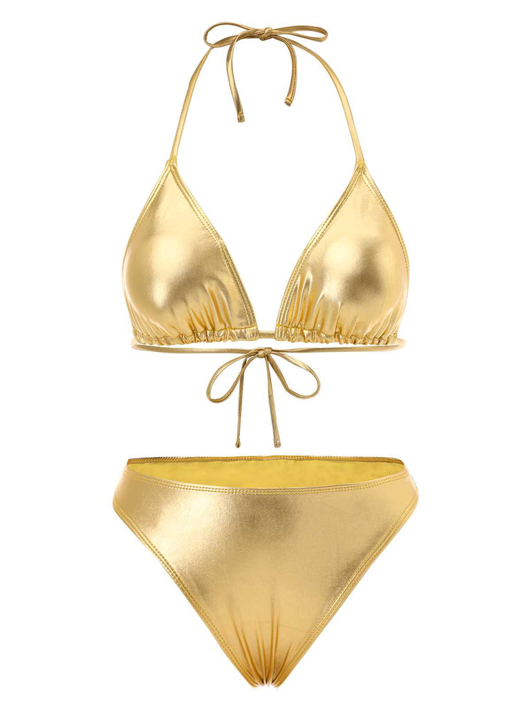 1970s Halter Metallic Bikini & Ruched Cover-Up: 1970s Riviera elegance, reimagined for her
