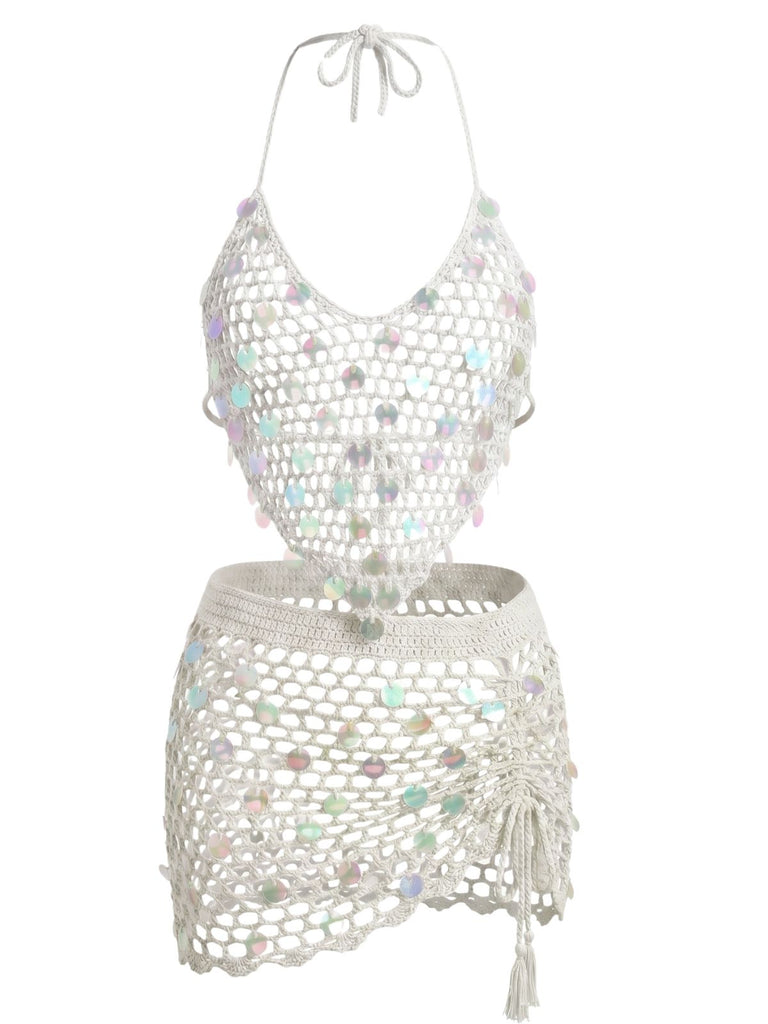 1970s-Halter-Sequin-Crochet-Cover-Up-Set, vintage, retro