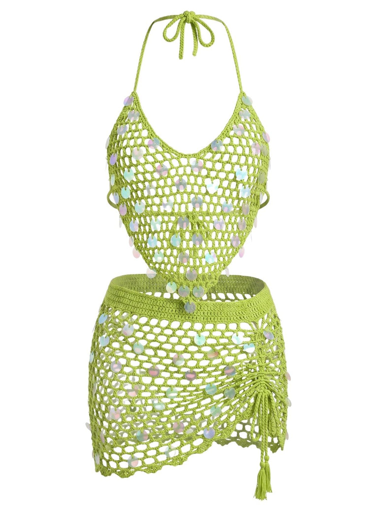 1970s-Halter-Sequin-Crochet-Cover-Up-Set, vintage, retro