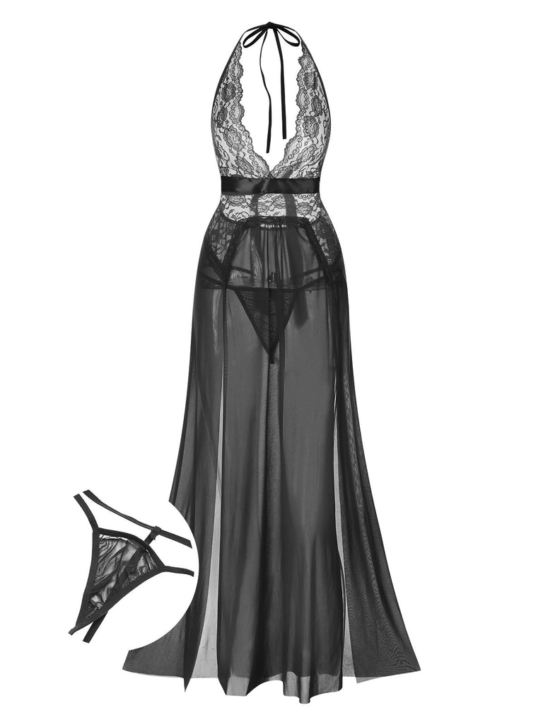 1970s Halter Sheer Lace Slit Long Nightgown — the kind of 1970s dress that makes strangers smile